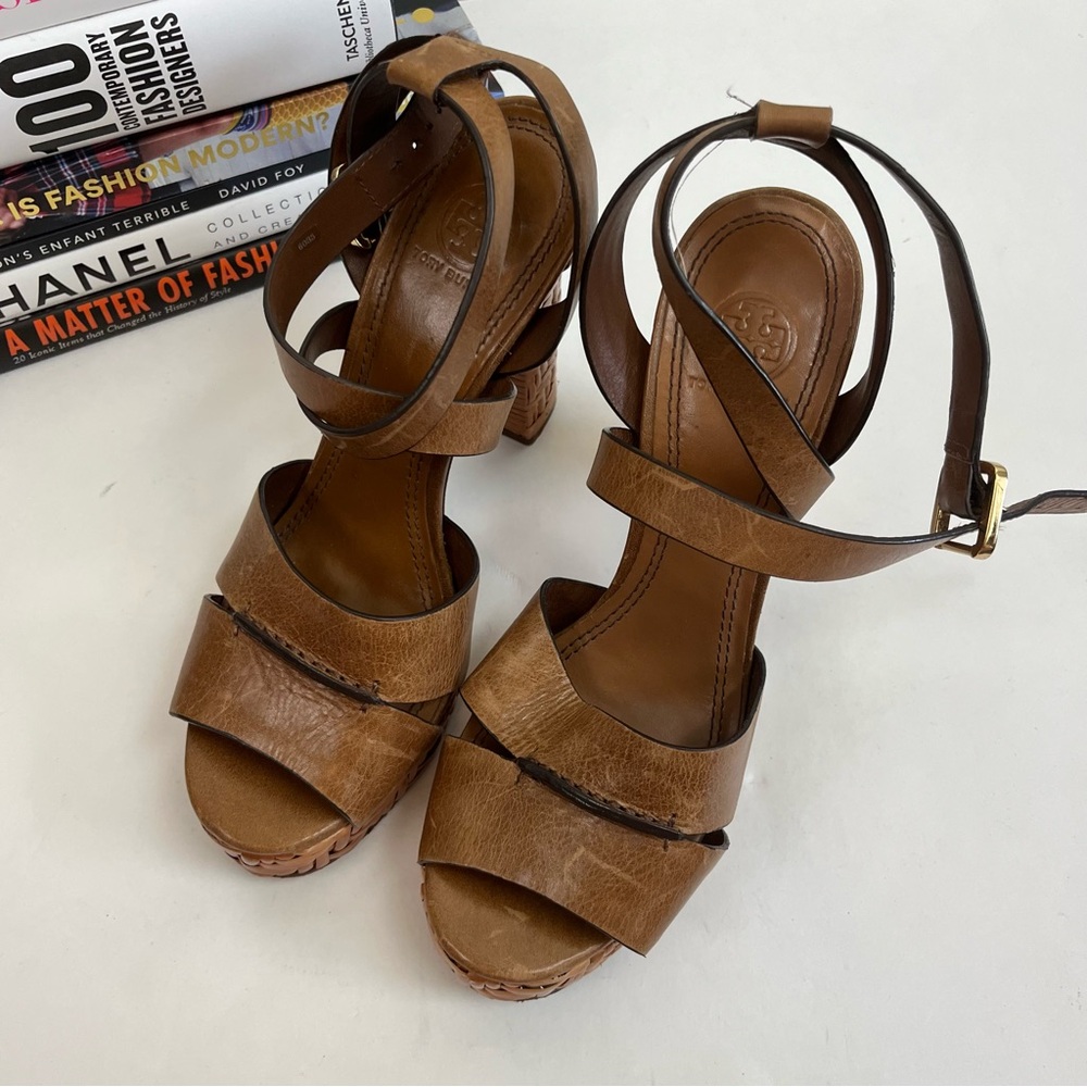 Tory Burch Heels Cella Cognac Leather Strappy Platforms Sandal - Picture 2 of 12